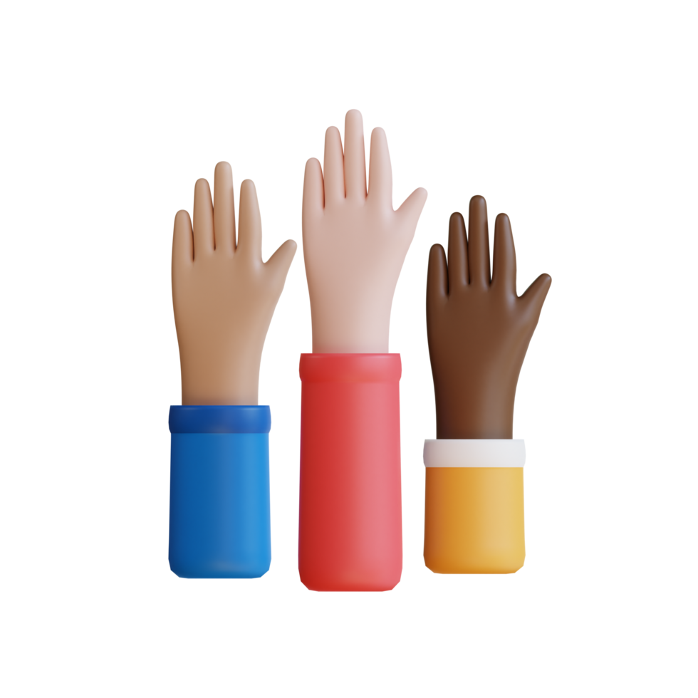Three diverse hands raised up symbolizing support, activism, and participation png