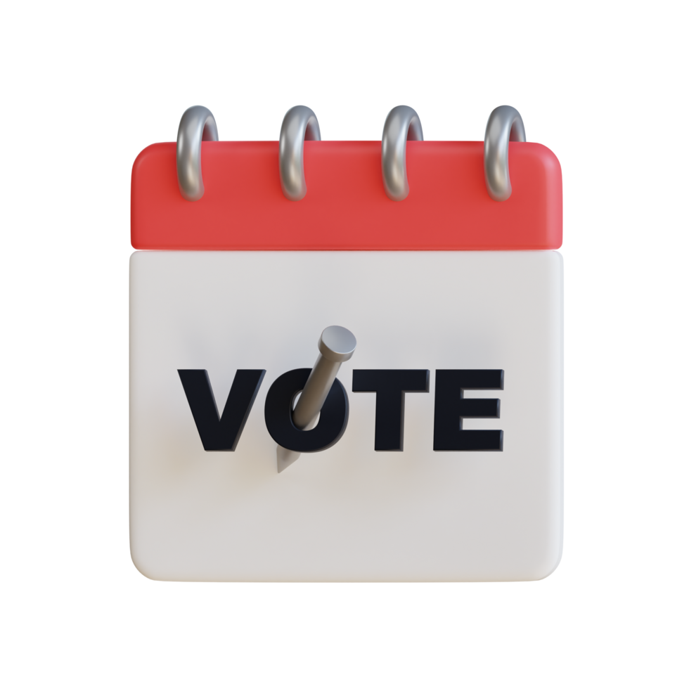 3D illustration of a calendar with a nail hammered into the word 'VOTE', symbolizing the importance of remembering election day. png