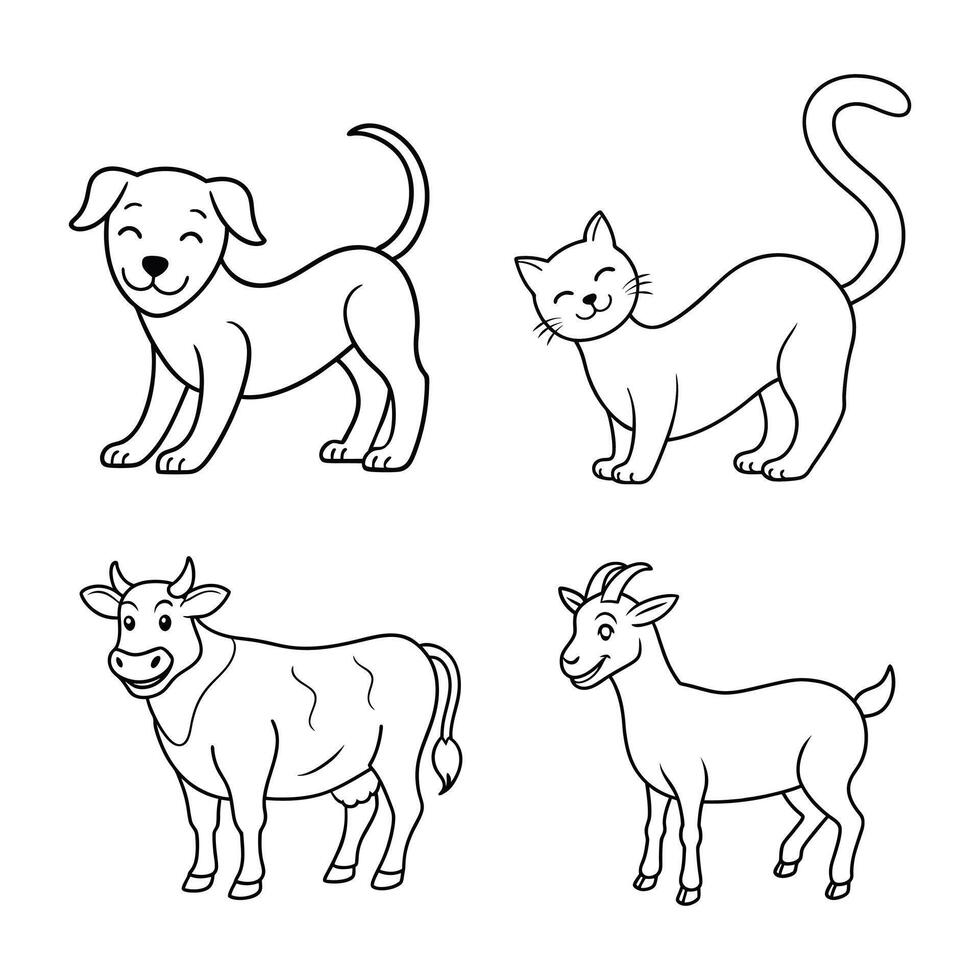 a set of dog cat cow and goat line art design vector