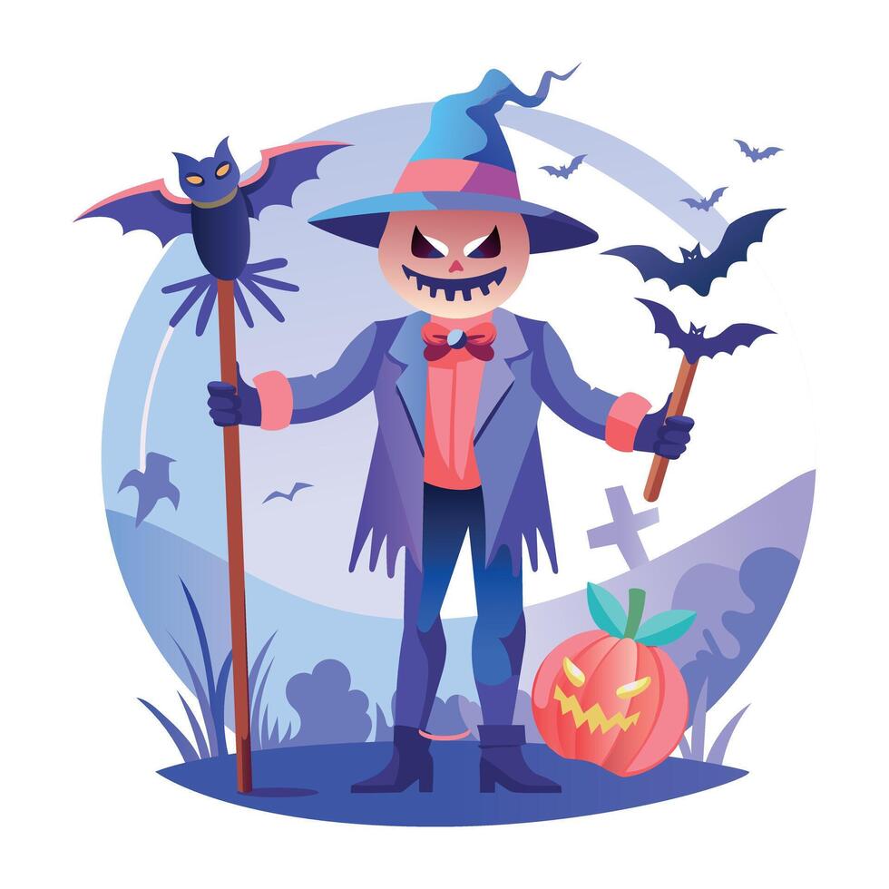 A flat illustration of spooky scarecrow standing in graveyard with pumpkin vector