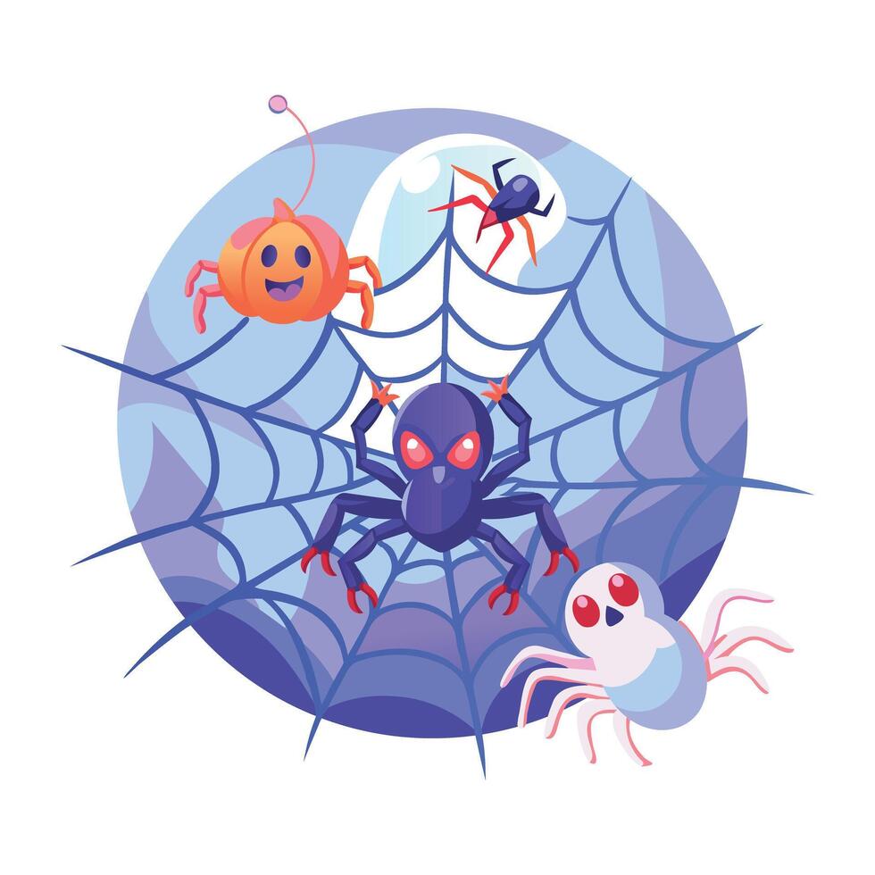 A flat illustration of spooky spiders vector