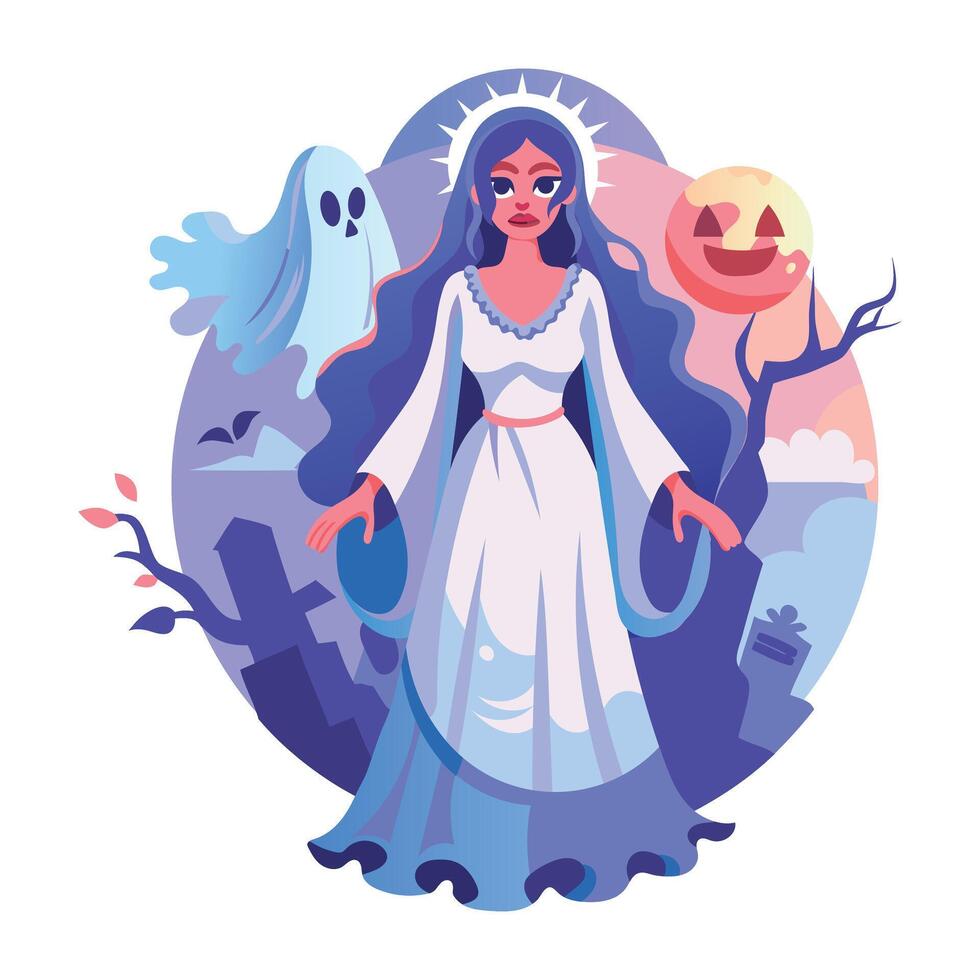 A flat illustration of spooky witch with ghost and moon mascot vector