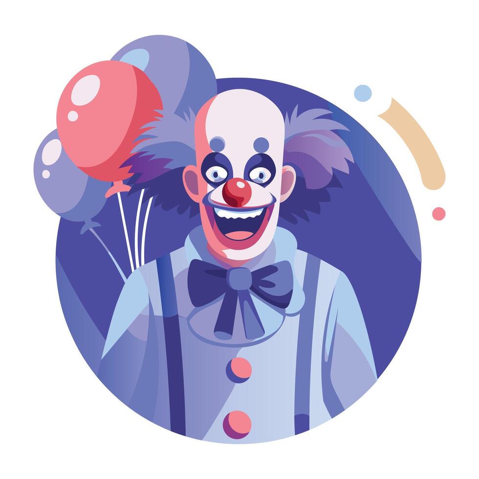 A flat illustration of a scary clown holding balloons vector