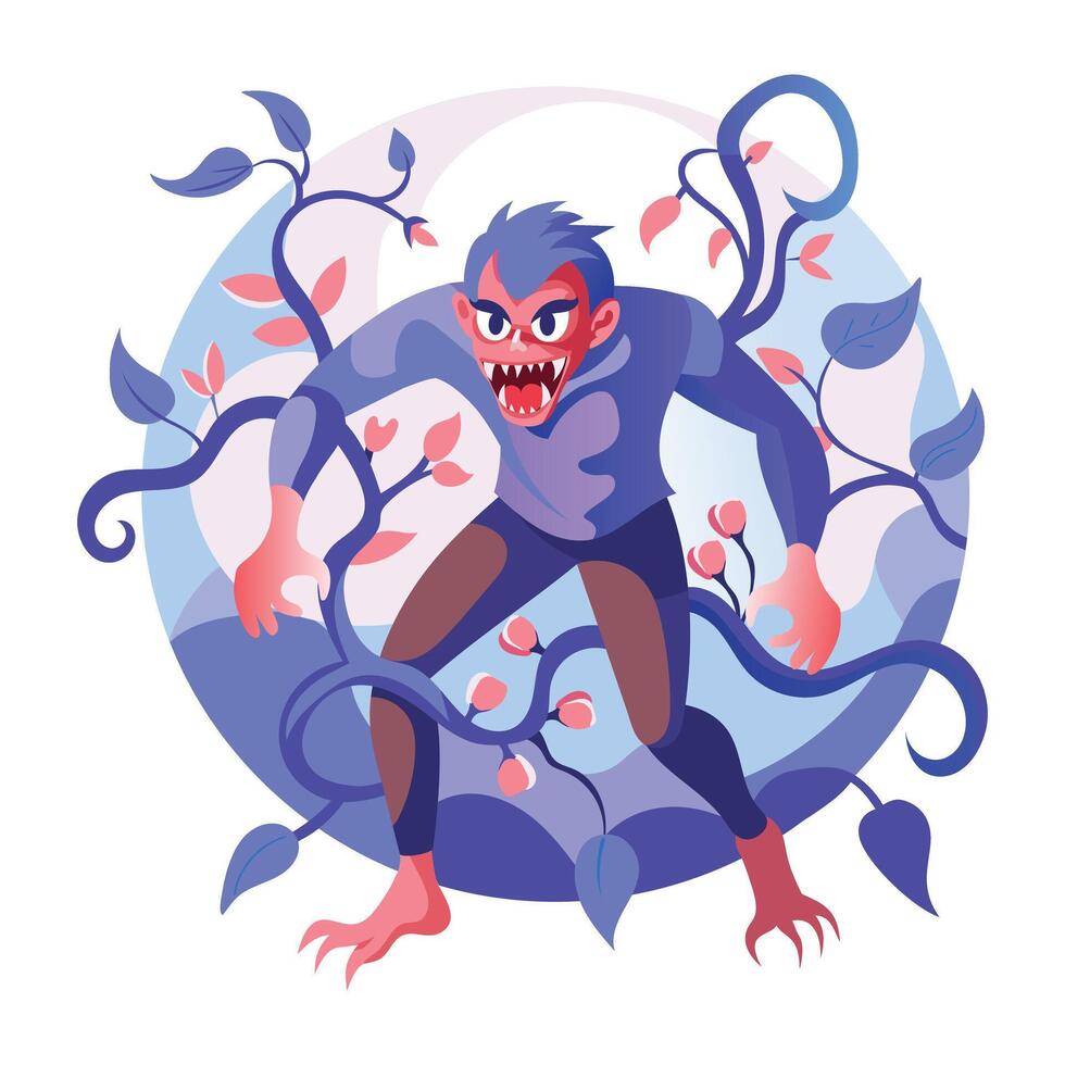 A flat illustration of a demon character in scary forest vector