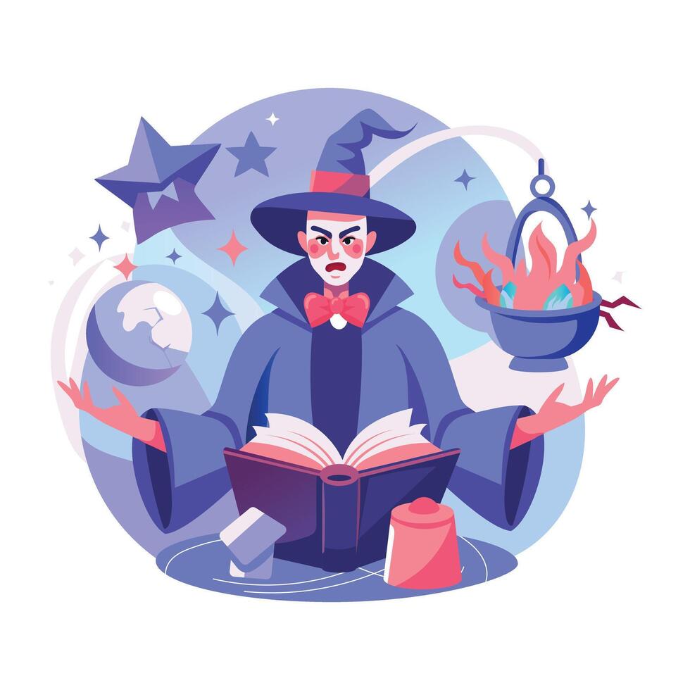 A flat illustration of a mystical character reading a magical book vector