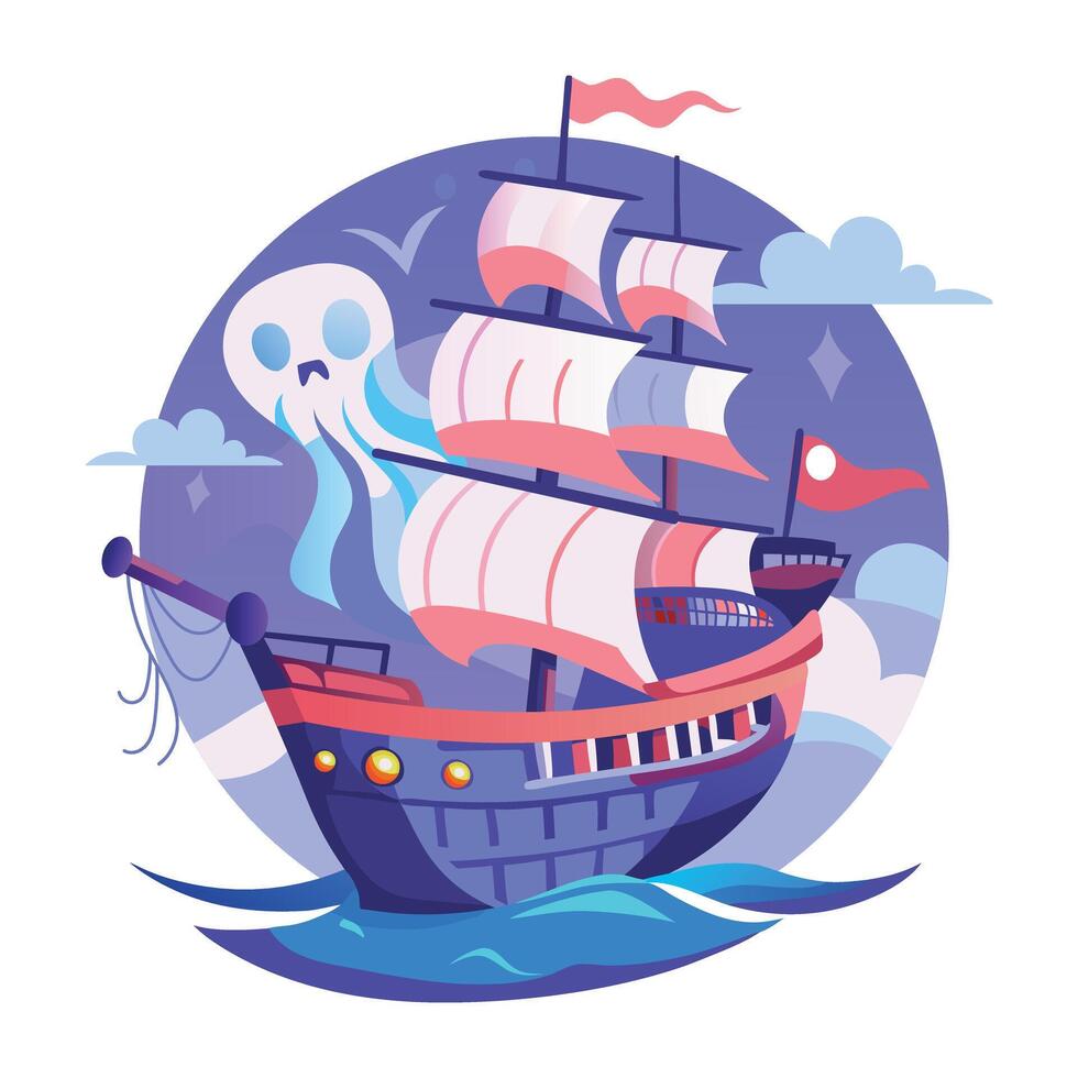 A flat illustration of scary pirate ship sailing in water vector