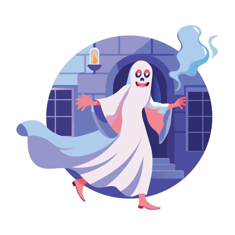 A flat illustration of running spooky character in ghost costume vector