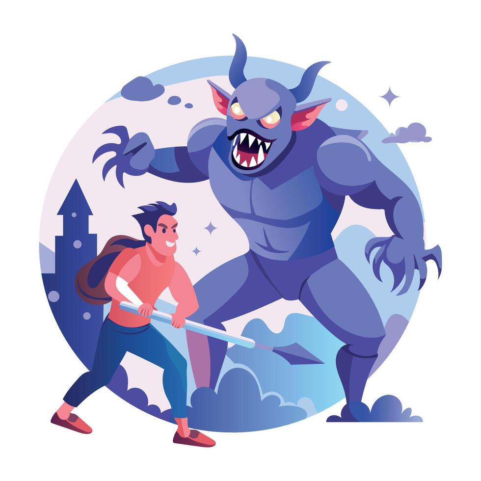 A man fight with creepy monster, a flat style illustration vector