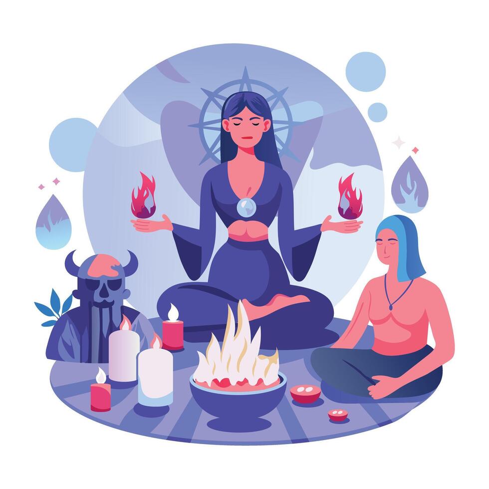 A witch doing black magic, flat style illustration vector