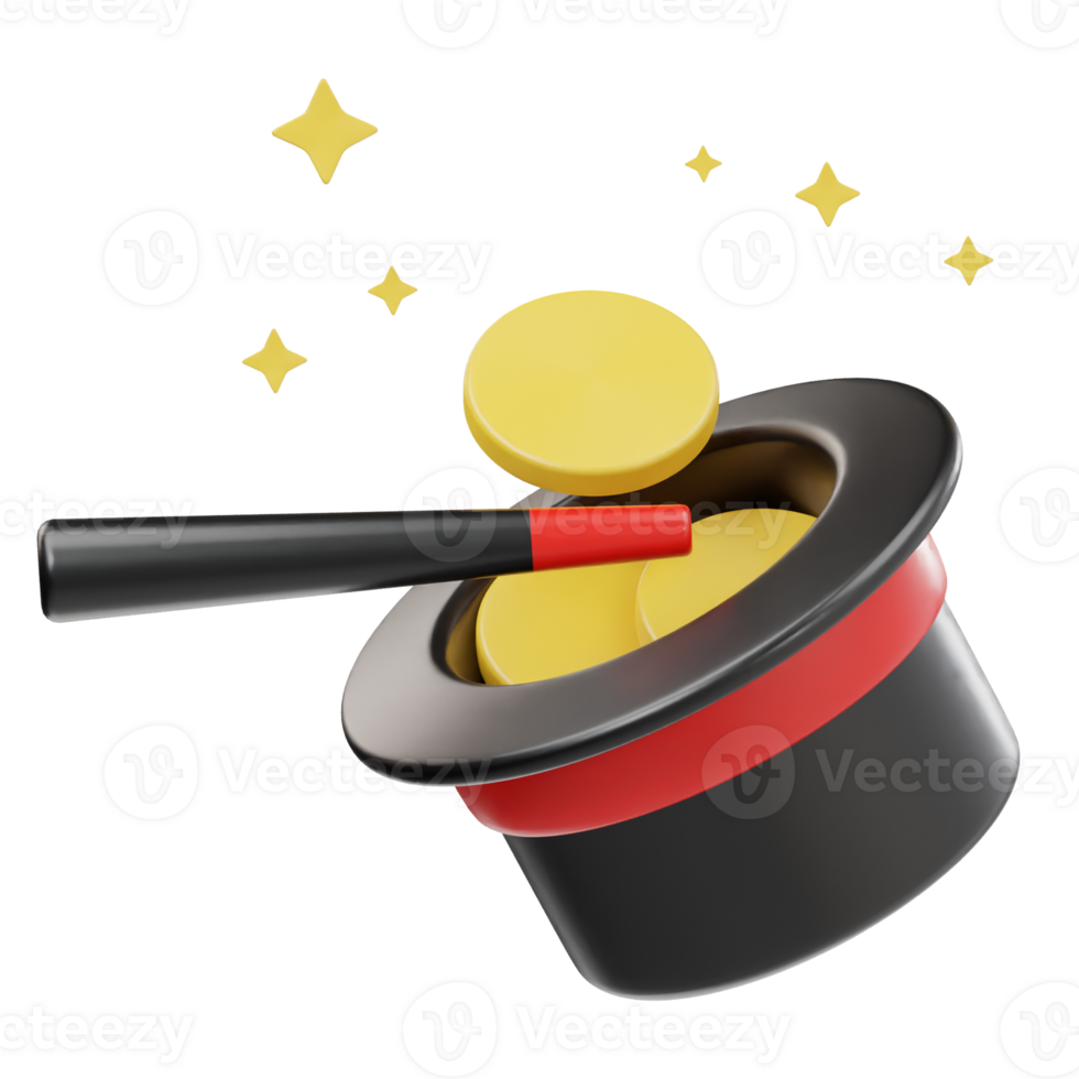 Magic hat with yellow coin icon 3d render illustration png