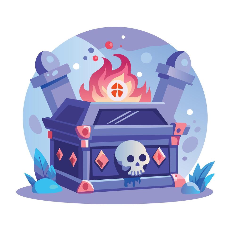 A flat illustration of spooky chest with skull and fire vector