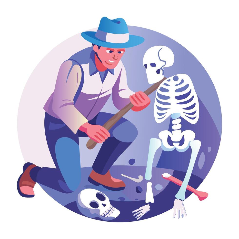 A man find a spooky skeleton, a flat style illustration vector