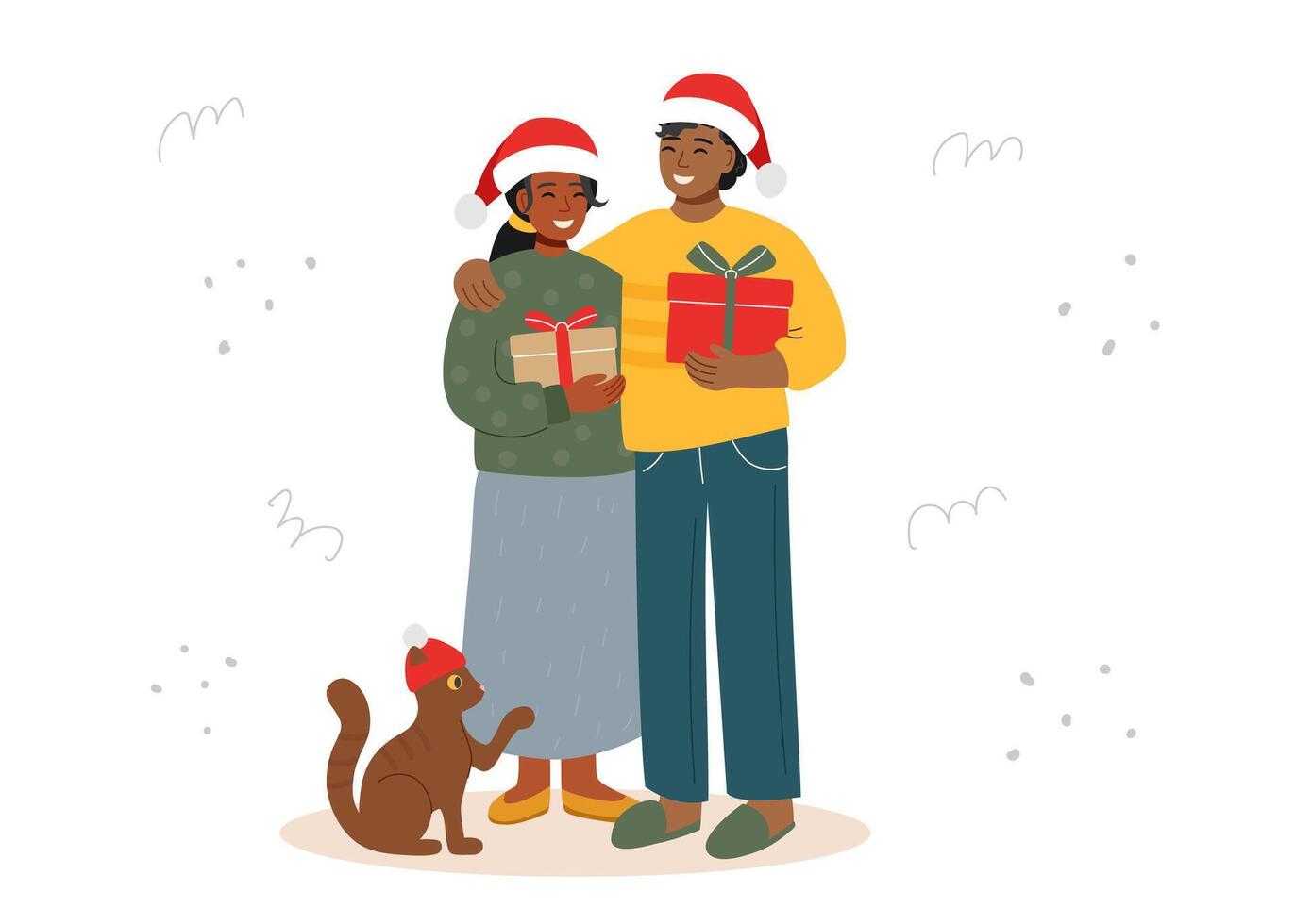Family Christmas celebration. Man, woman and cat in Santas hats isolated on white. Christmas card. vector