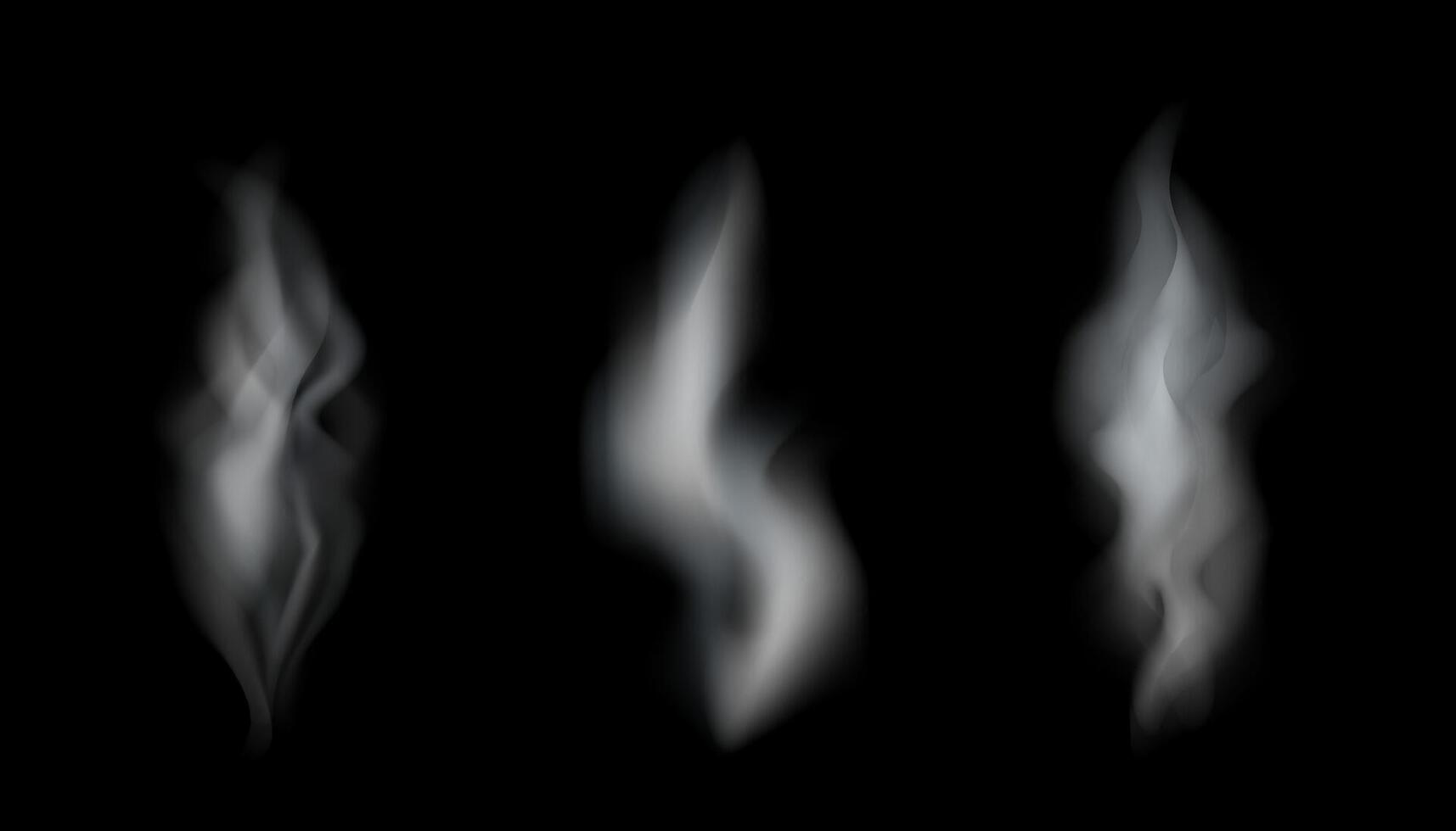 Illustration of white smoke set isolated on black background. Transparent effect. vector