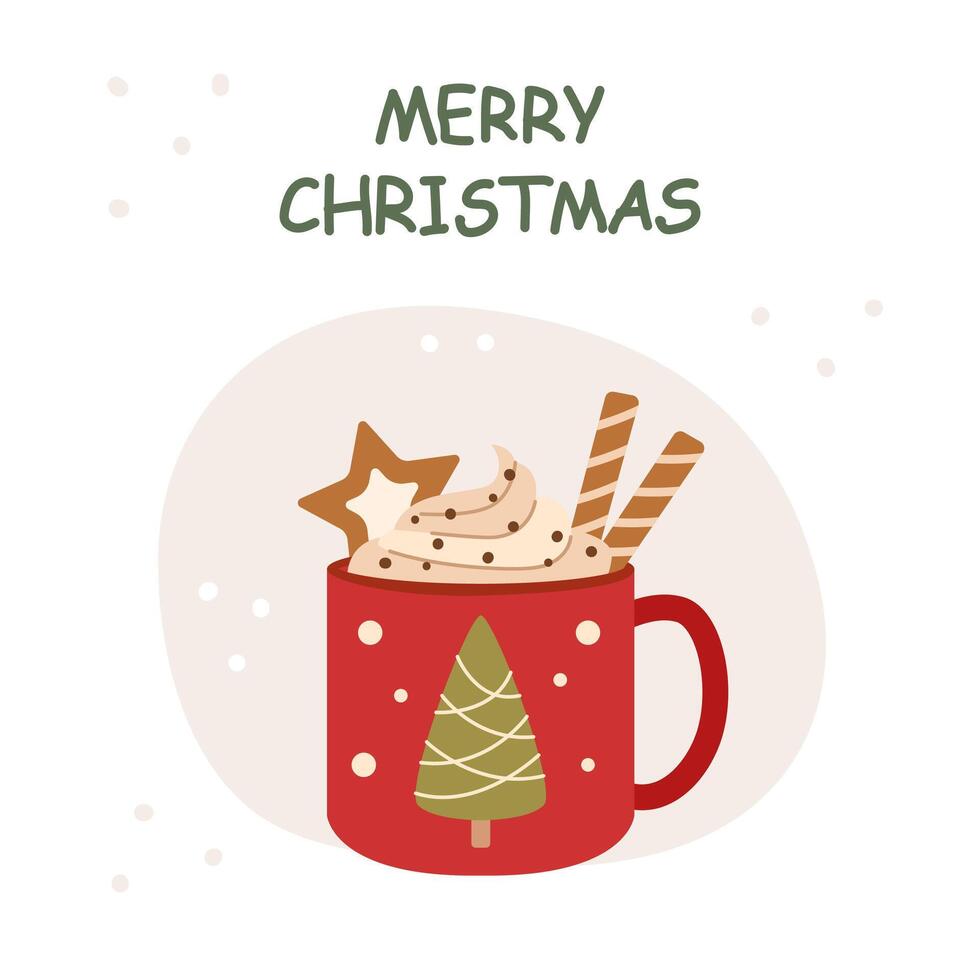 Christmas card. Christmas drink in red cup isolated on white. vector