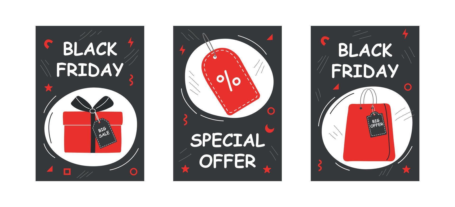Black Friday cards set. Black Friday sale elements. Illustration design templates. vector