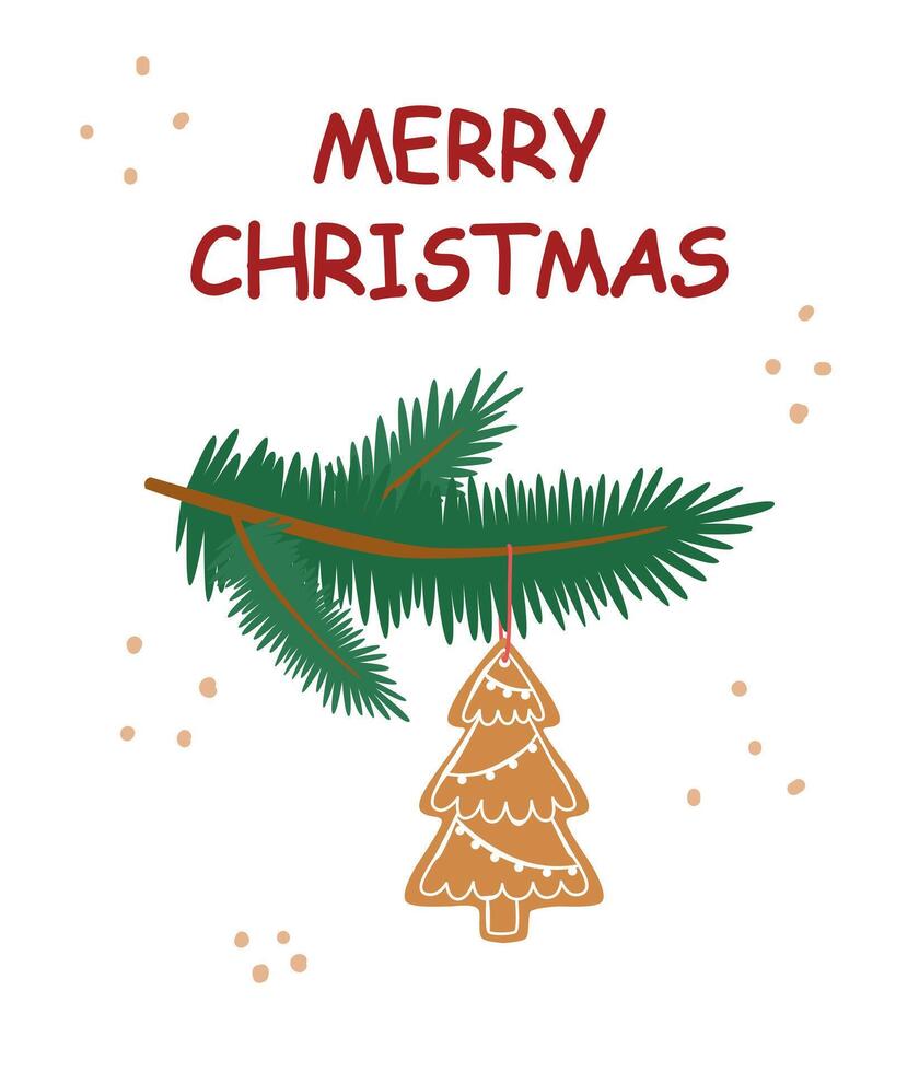 Sustainable Christmas concept. Christmas ornaments. Christmas tree twig decorated with gingerbread cookie isolated on white. vector