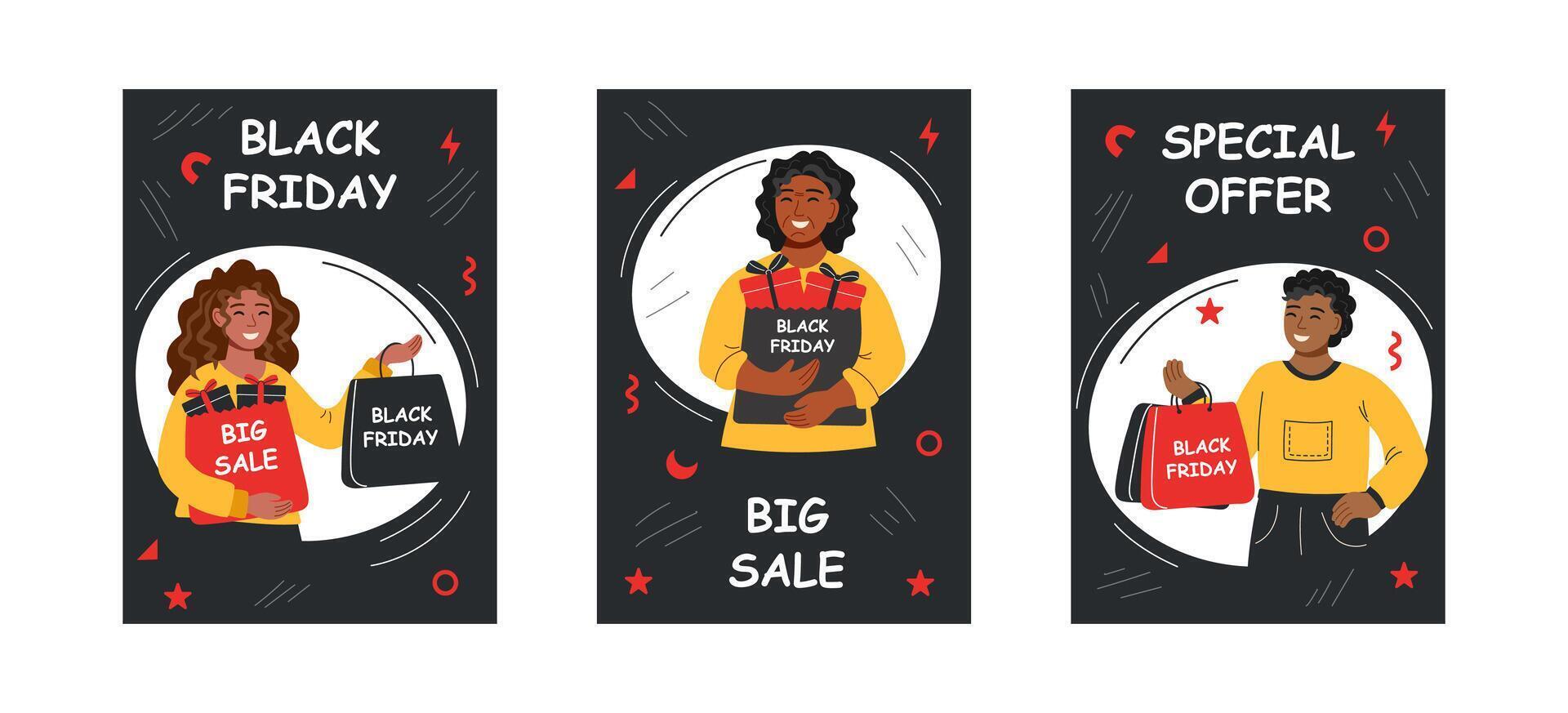 Black Friday cards set. Black Friday sale cute people characters. Iillustration design templates. vector