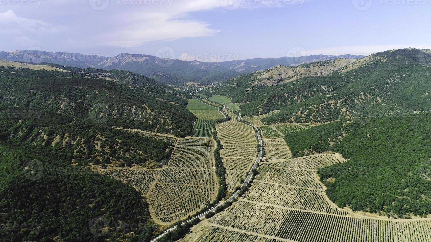 Beautiful view from above of farm fields surrounded by high mountains covered with green trees and shrubs in summer sunny day against blue sky. Shot. Aerial view photo