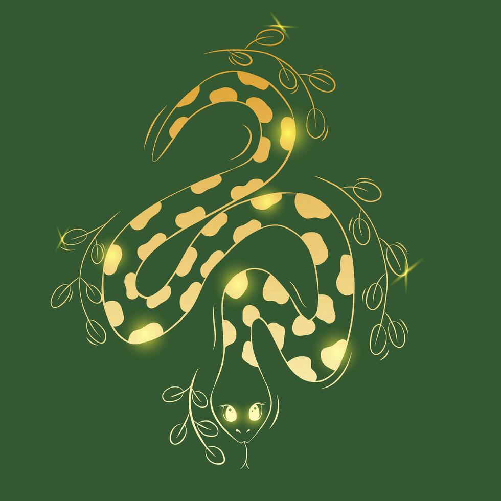 Golden Snake with Botanical Elements. Illustration vector