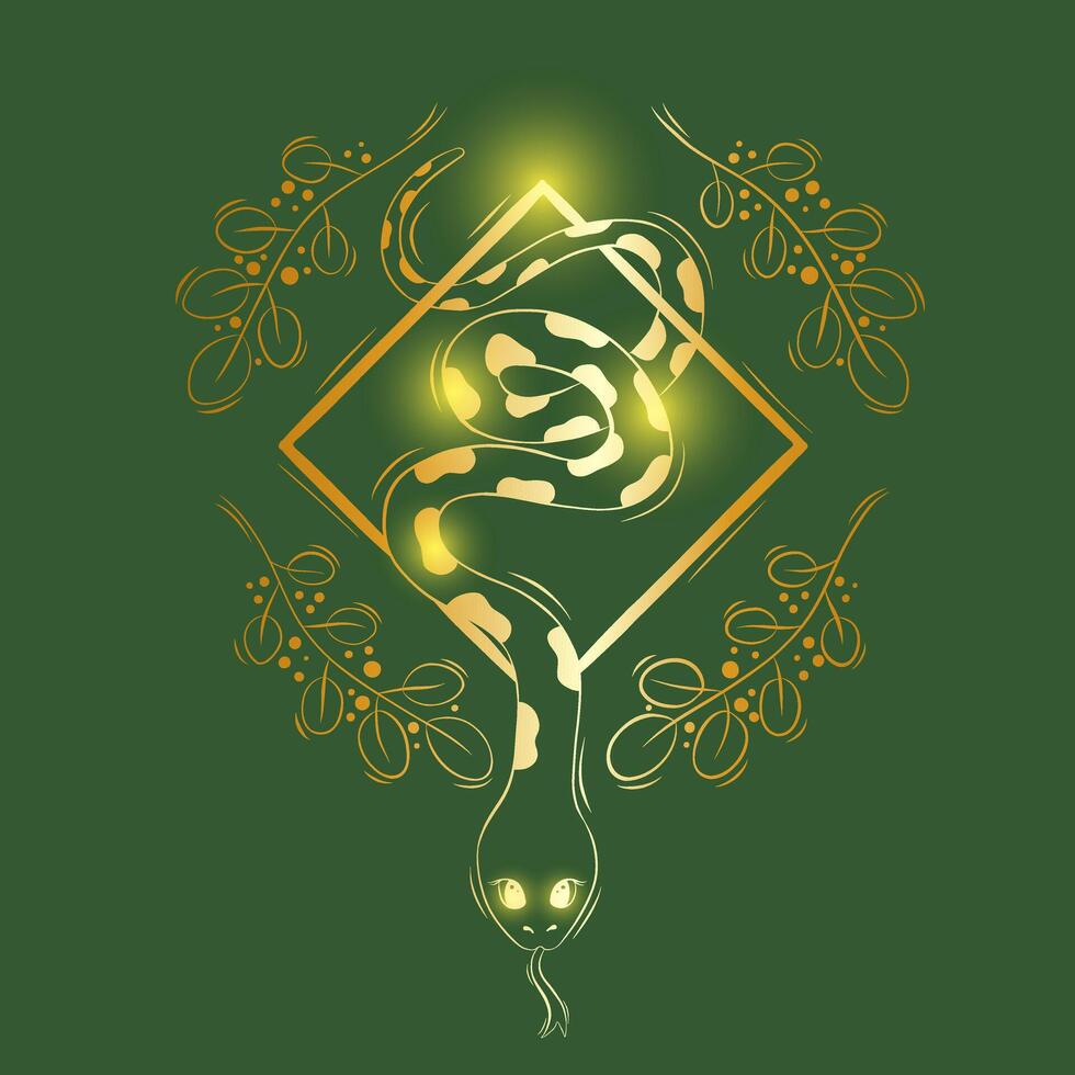 Golden Serpent in Sacred Geometry with Botanical Elements. Illustration vector