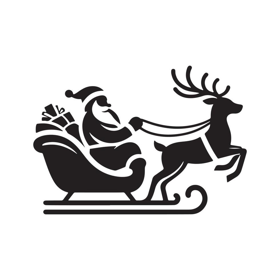 Silhouette of Santa Claus, sleigh with Christmas presents and reindeer vector