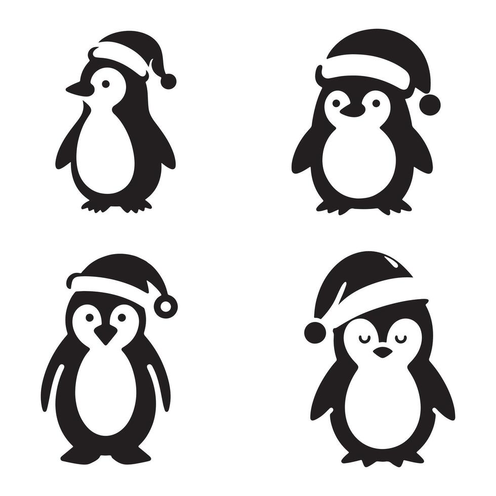 penguin icon sets with hat silhouette vector