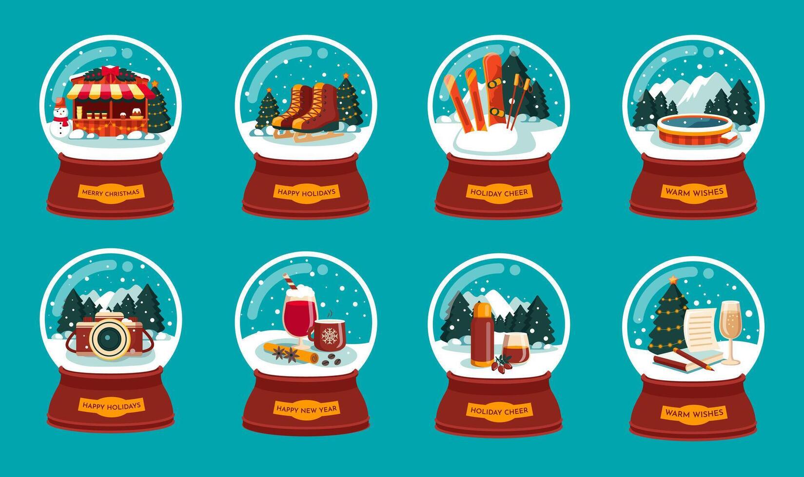 Festive Snow Globes Collection, 8 Christmas Themes in vector