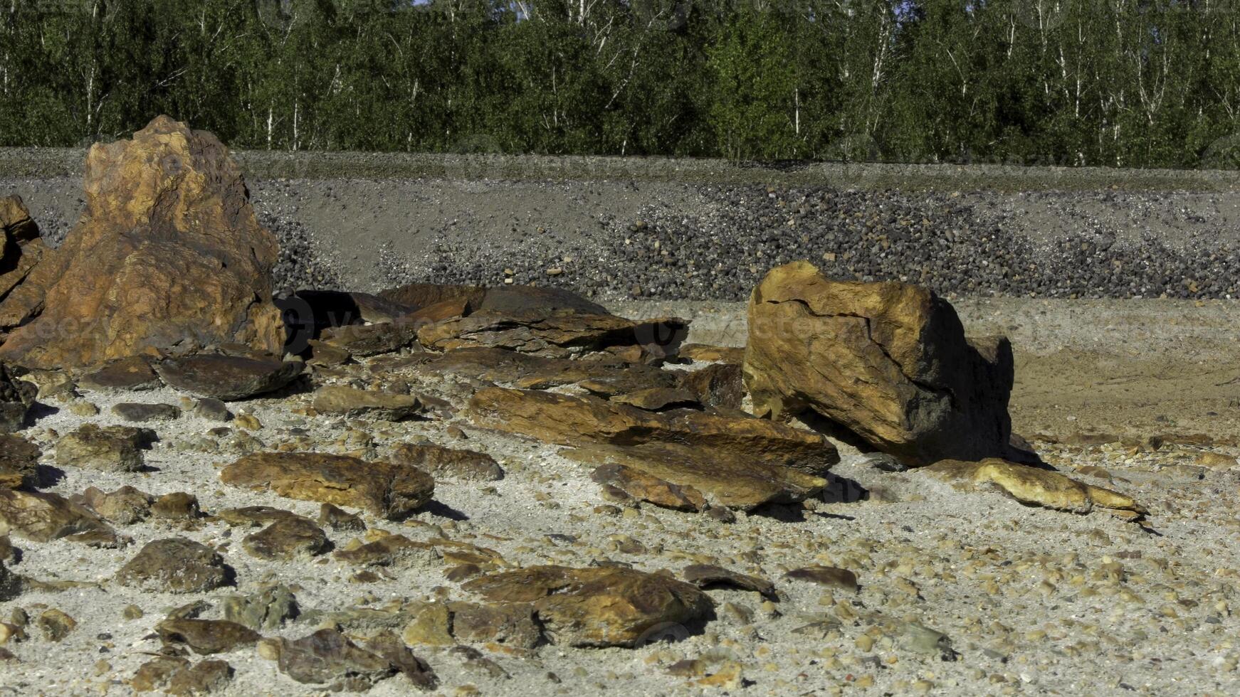 Beautiful brown stones of diferent size under the summer sun on quarry and green forest background. Stock footage. Rocks lying on the ground in front of green trees. photo