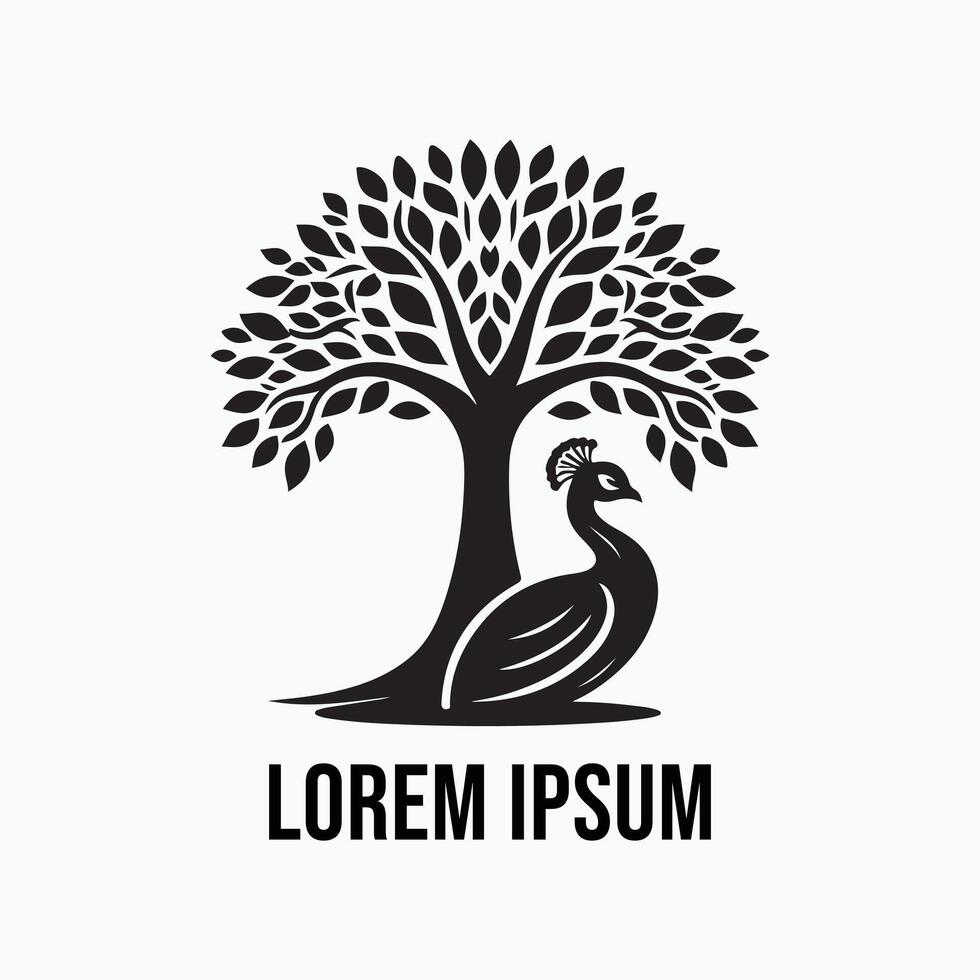 A black and white logo for a tree with a bird on it vector