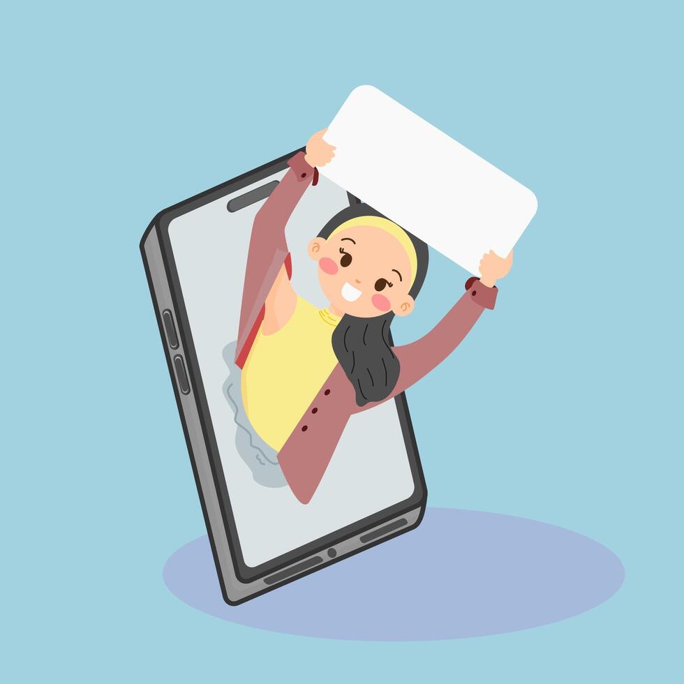 A fun and creative digital illustration showing girl emerging from smartphone screens, holding blank banners. vector