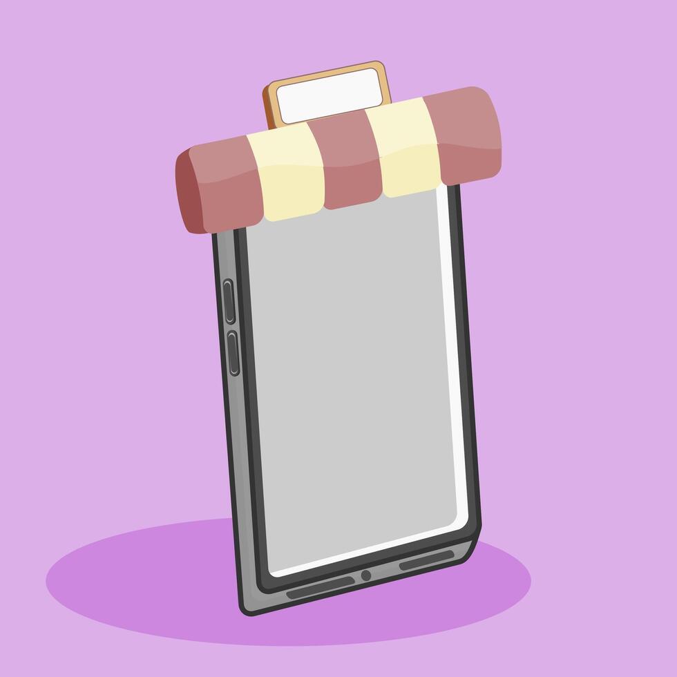 An online shop concept with smartphones covered by shop awnings, representing mobile retail stores. Ideal for e-commerce and digital marketing campaigns vector