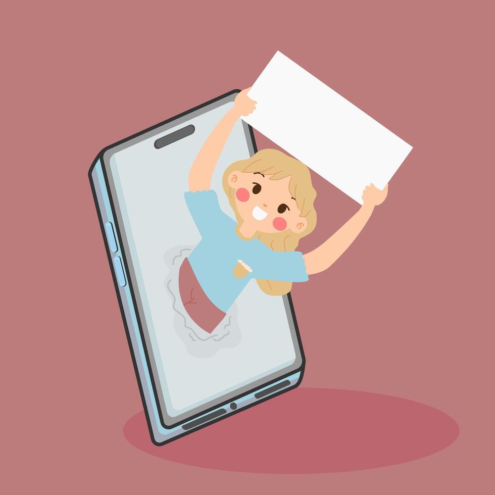 a woman holding up a blank paper came out a phone vector