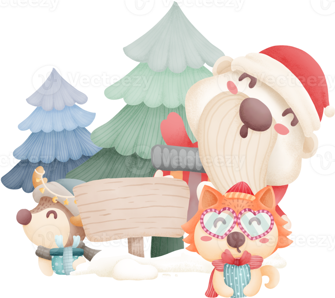 Santa Claus, wolf, cute little deer holding gifts, with a wooden sign in the middle and a Christmas tree behind. watercolour element png