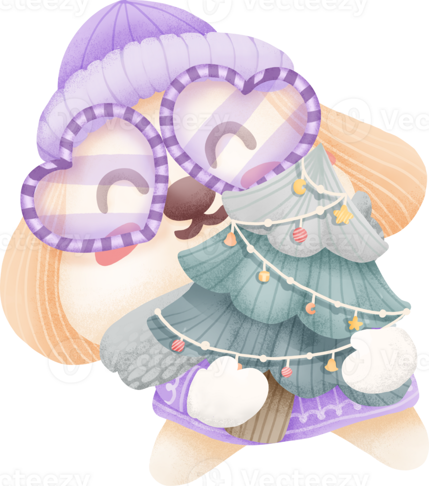 Cute little dog holding a christmas tree in christmas day watercolour element png