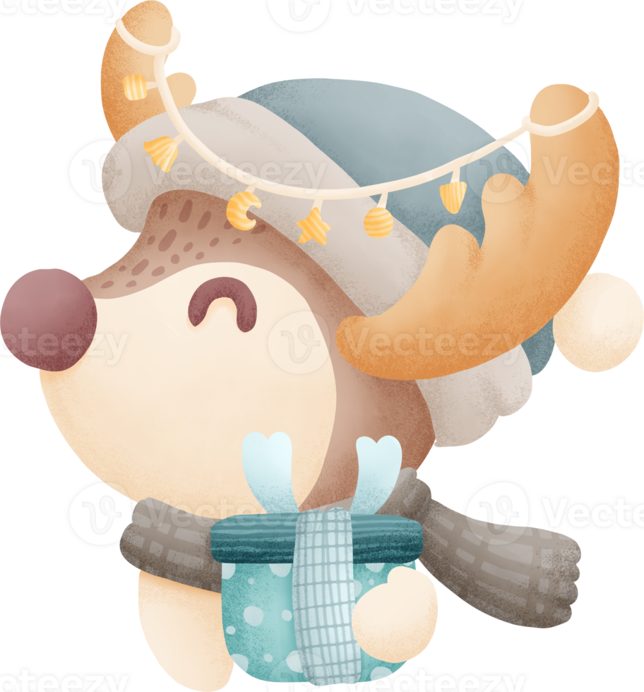 Cute little deer holding a gift in christmas day watercolour element png