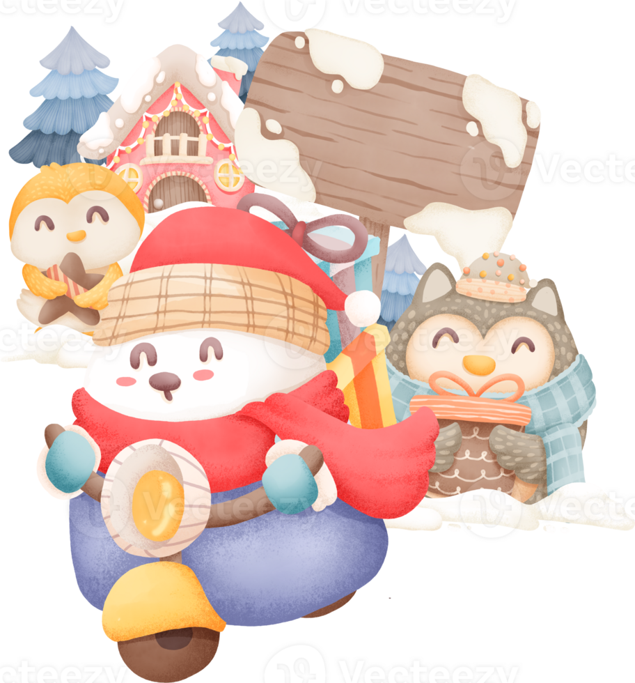 A hundred bears are driving a car delivering presents, with an owl and a baby bird standing behind them holding presents. watercolour element png