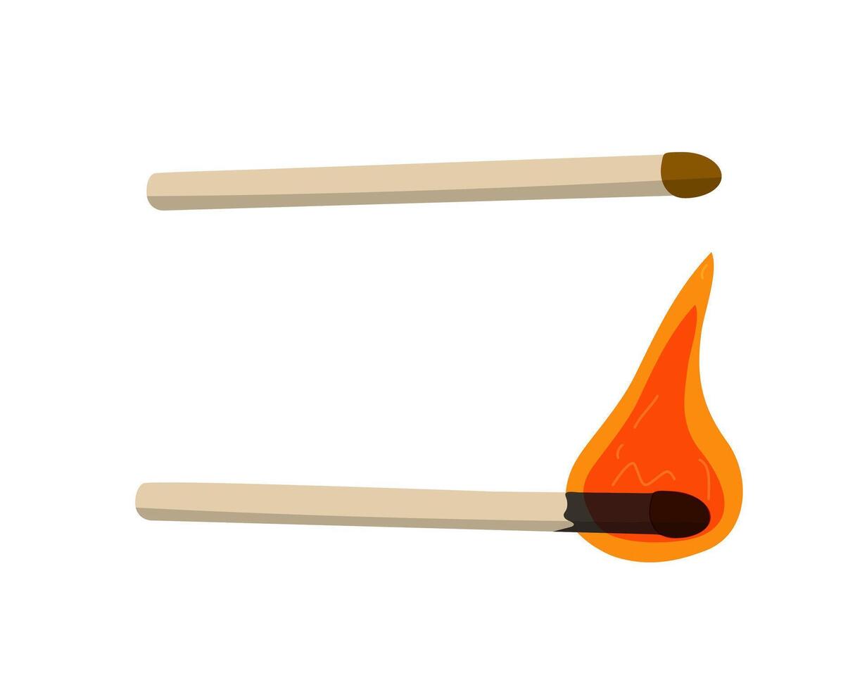 Matches, making fire. Burning match, flame, graphics, flat design. White isolated background. vector
