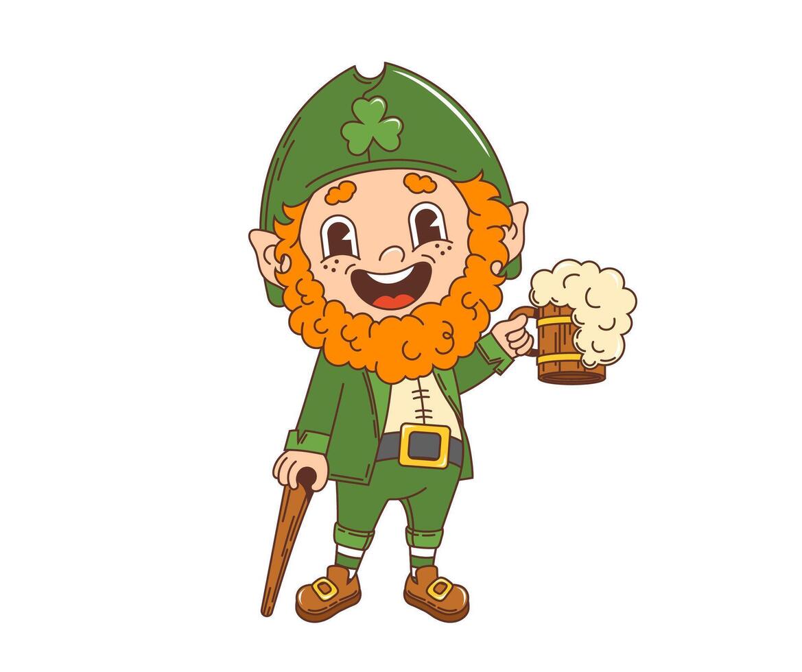 Cartoon groovy leprechaun character with beer vector