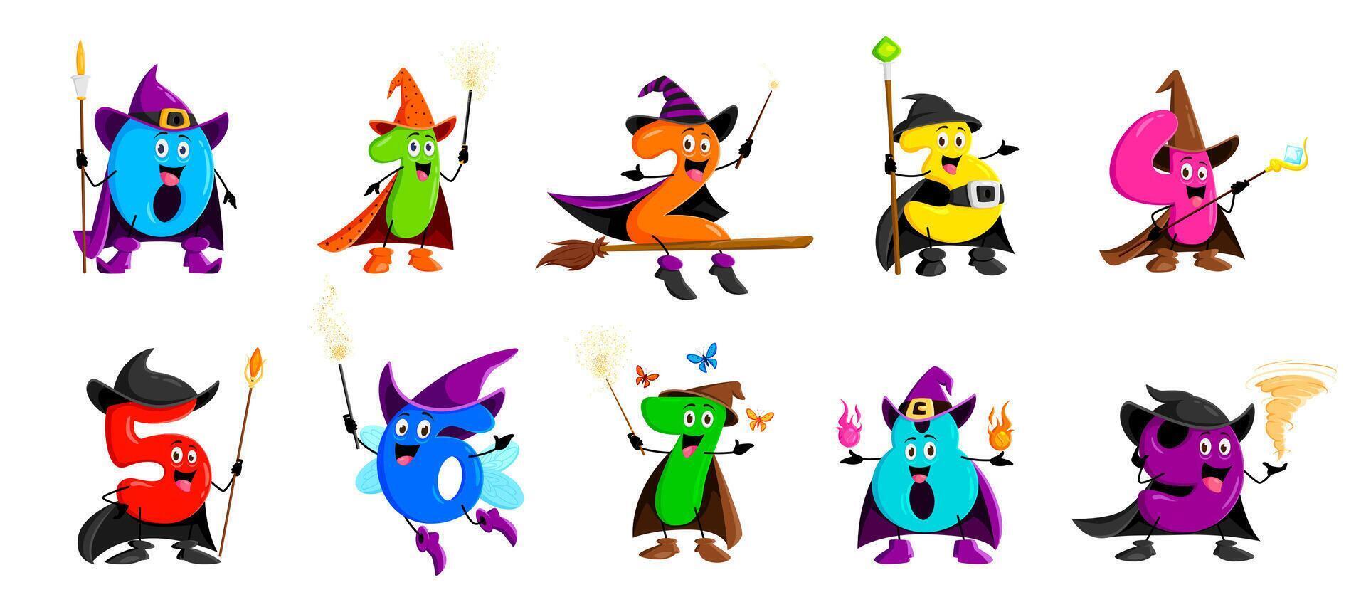 Cartoon math number Halloween wizard, witch, mage vector