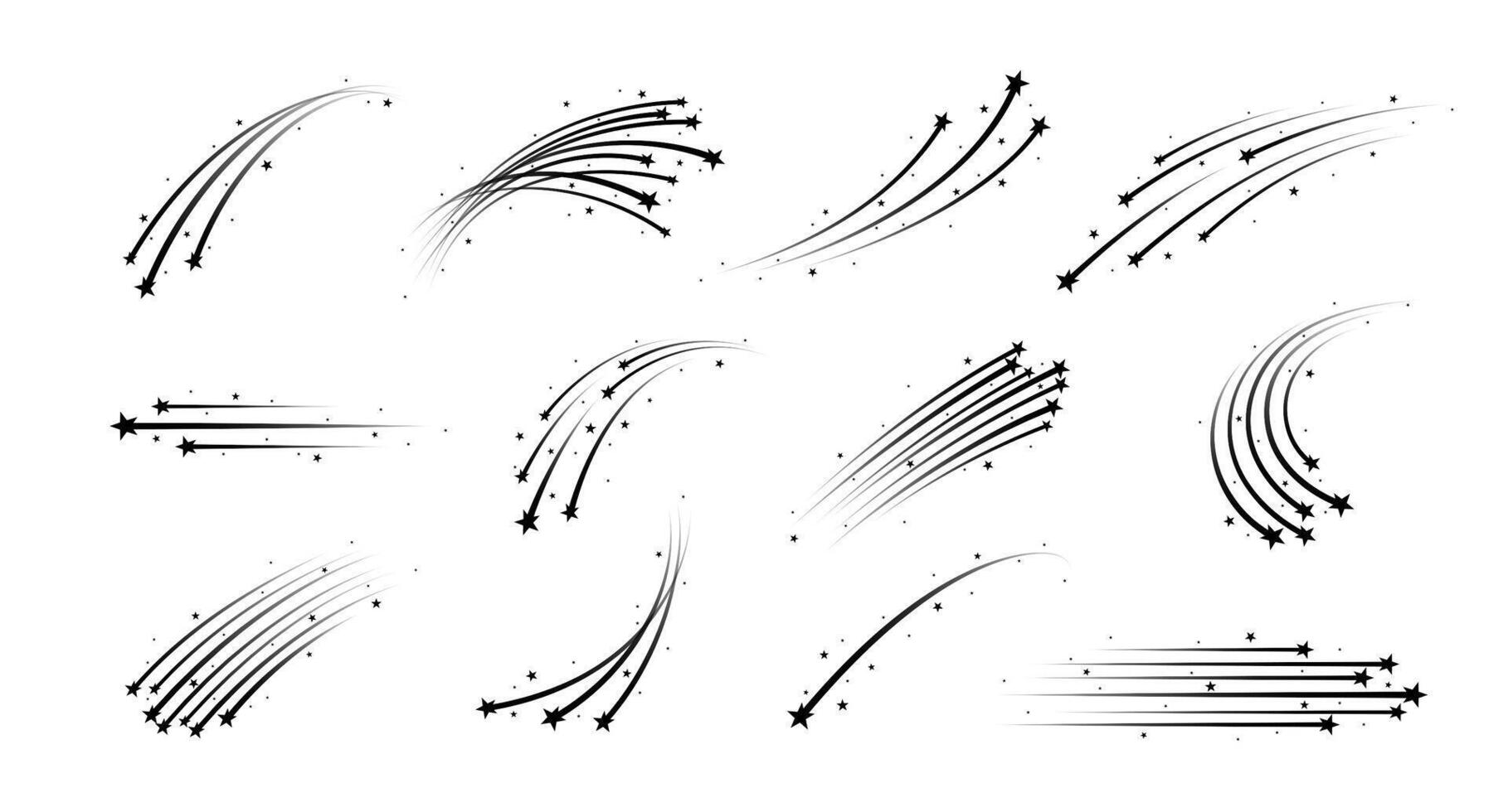 Shooting space stars with trails, starburst set vector