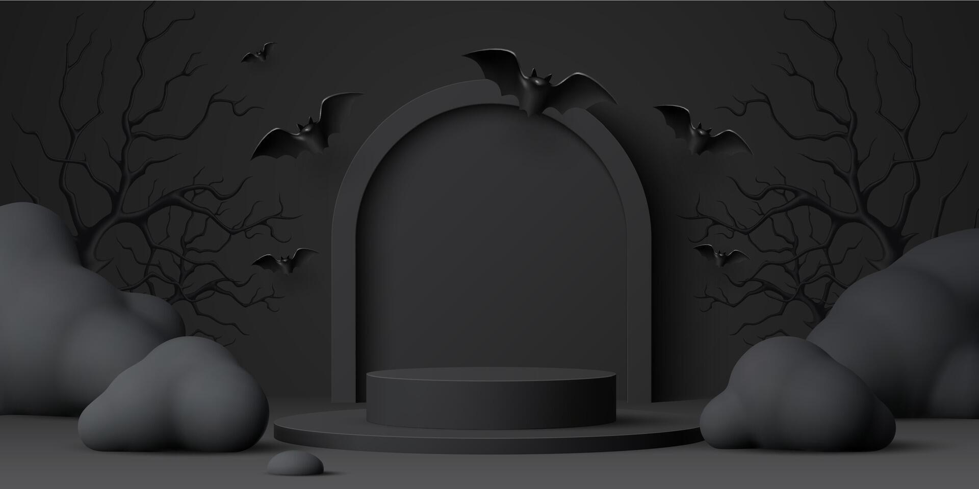 3d black Halloween podium stage, eerie background vector