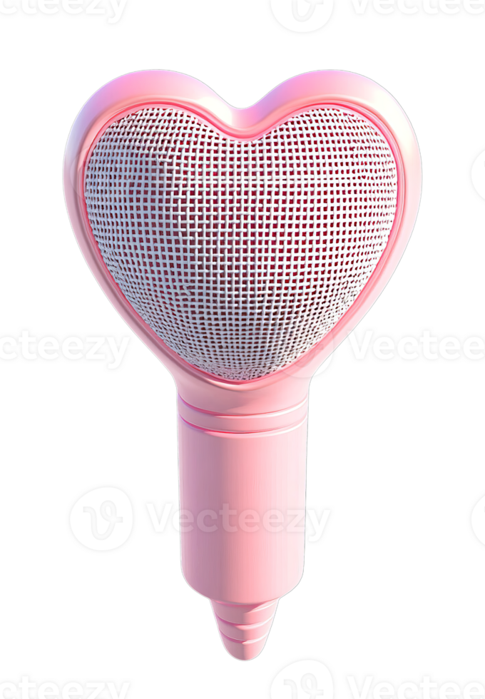 A heart-shaped microphone in a soft pink color with a mesh grille is isolated on a transparent background. png