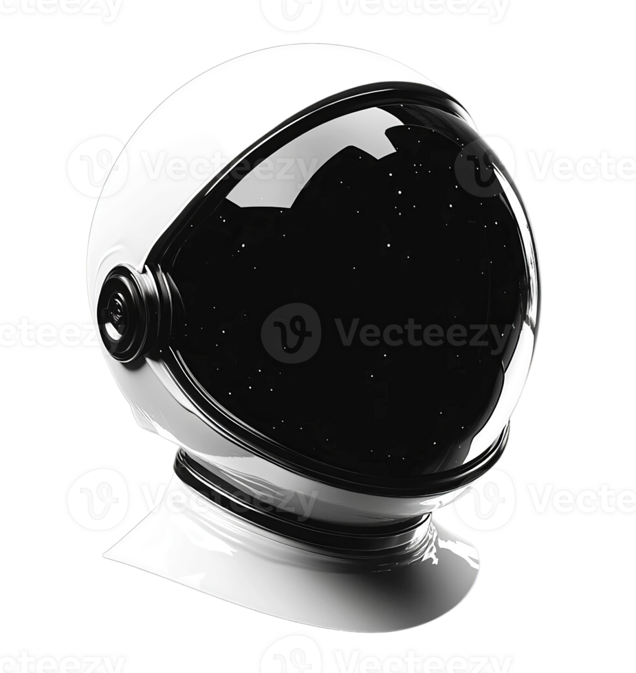 A sleek, white astronaut helmet with a reflective visor, showcasing a starry night sky within, is isolated on a transparent background. png