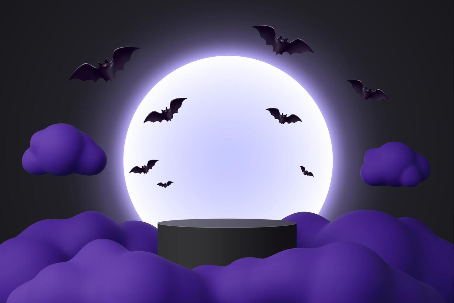 3d Halloween podium with flying bats and full moon vector