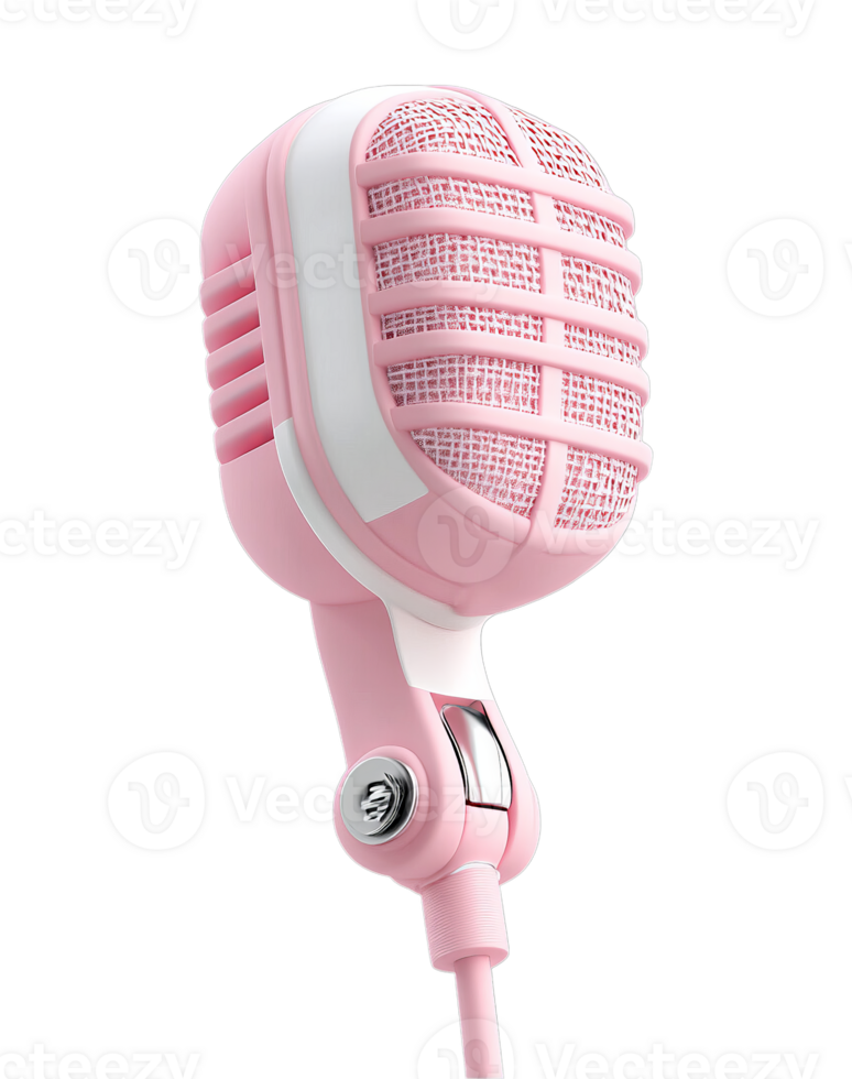 A vintage-style pink microphone with a mesh grille and a flexible gooseneck stand is isolated on a transparent background. png