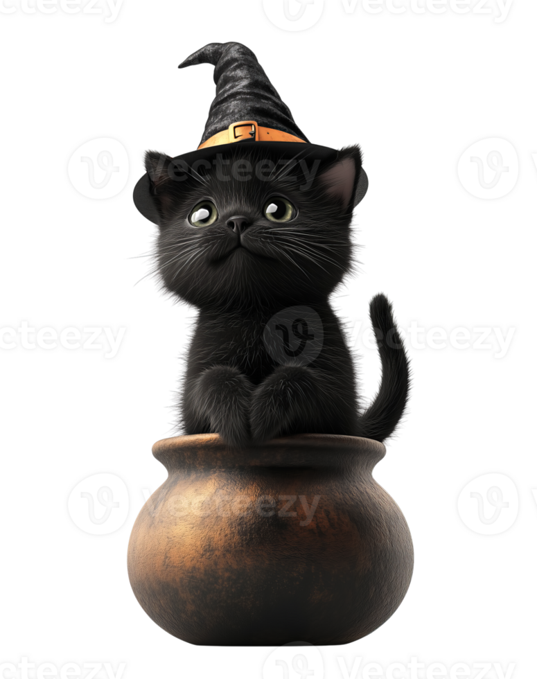 A mischievous black kitten, wearing a pointed witch's hat, peeks out from a cauldron, isolated on a transparent background. png