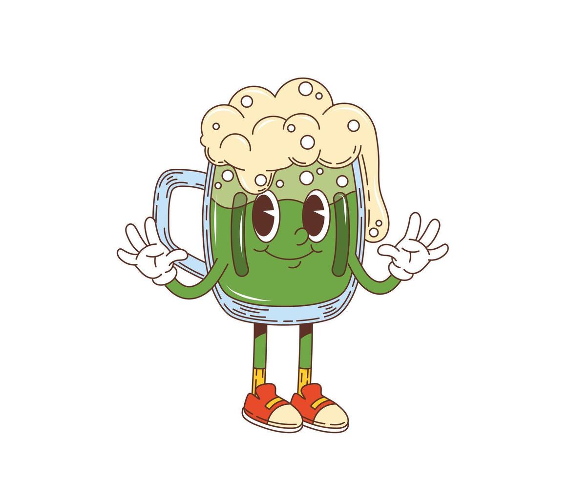 Cartoon retro groovy beer character, st patrick vector