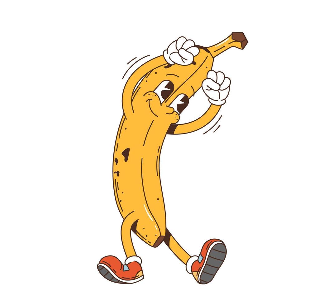 Cartoon groovy banana character with happy face vector