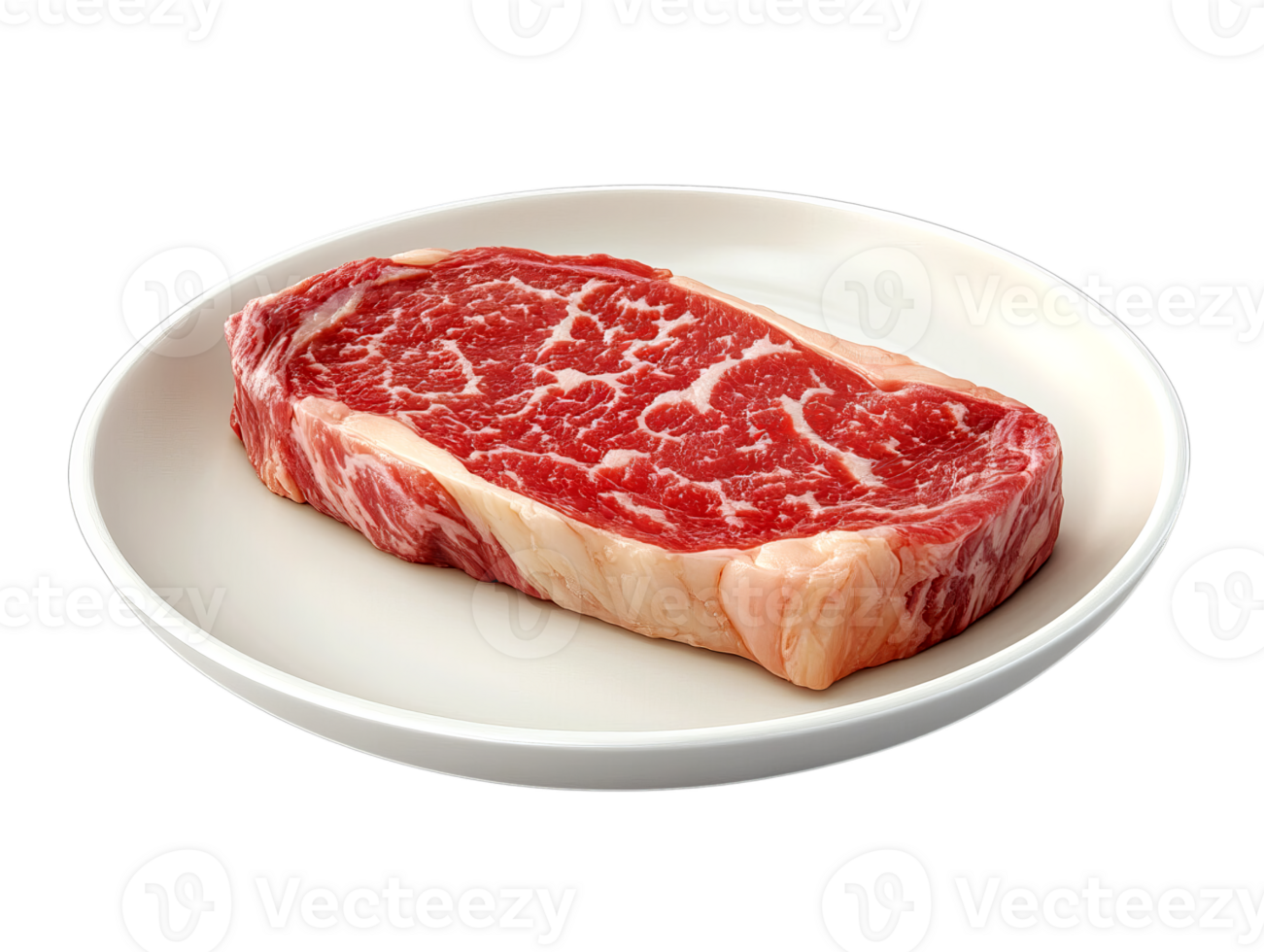 A thick, marbled steak, likely a prime cut, rests on a white plate, ready for grilling or pan-frying. png